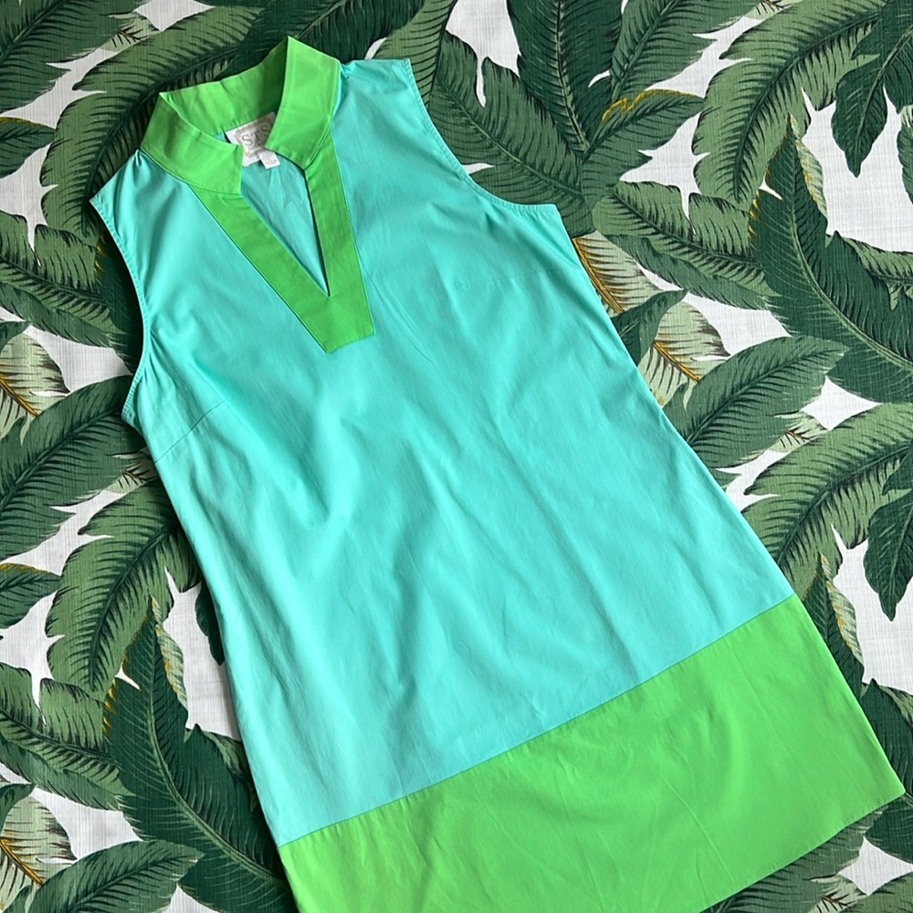 STS Sail to Sable • Preppy Blue & Green Tunic Shift Dress • Size Large